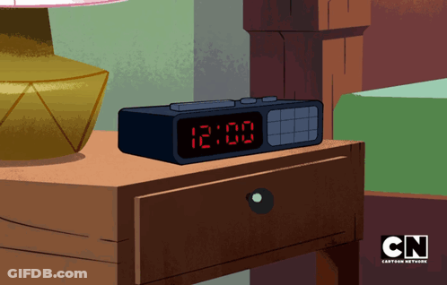 A Cartoon Of A Clock That Says 12:00 GIF