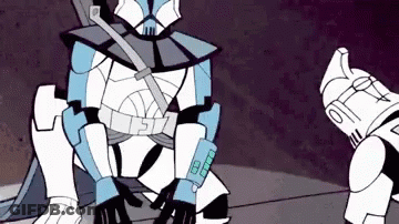 A Cartoon Of A Clone Trooper Kneeling Down Next To Another Clone Trooper In A Cave . GIF