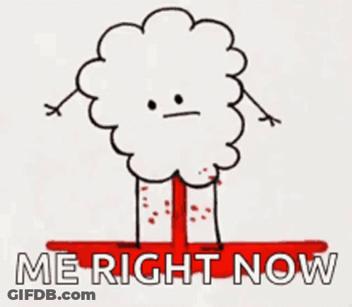 A Cartoon Of A Cloud With Arms And Legs Standing On A Bloody Cross With The Words Me Right Now Below It . GIF