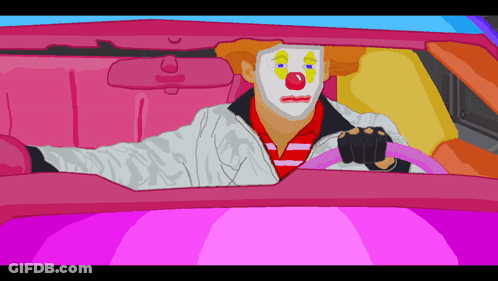 A Cartoon Of A Clown Driving A Car GIF