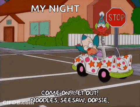 A Cartoon Of A Clown Driving A Car With A Stop Sign In The Background . GIF