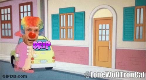 A Cartoon Of A Clown Driving A Car With The Word Drip On It GIF