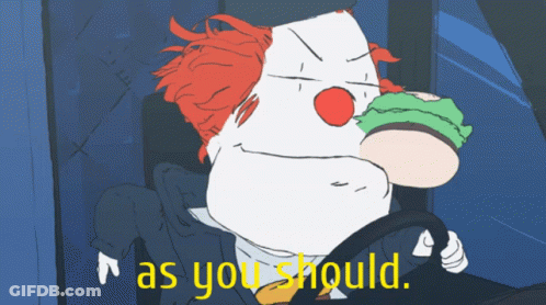 A Cartoon Of A Clown Eating A Hamburger With The Words " As You Should " Above Him GIF