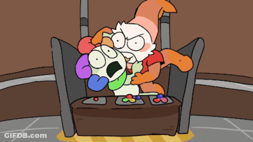 A Cartoon Of A Clown Holding Another Clown In His Arms GIF