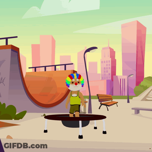 A Cartoon Of A Clown On A Trampoline In A Park GIF