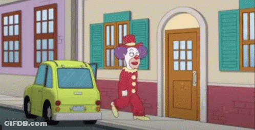 A Cartoon Of A Clown Walking Down A Street Next To A Yellow Car GIF