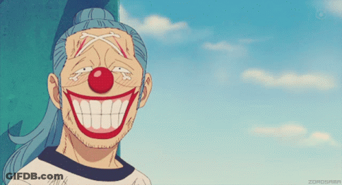 A Cartoon Of A Clown With A Big Smile And A Blue Hair GIF