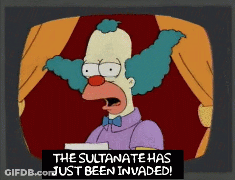 A Cartoon Of A Clown With The Words " The Sultanate Has Just Been Invaded " GIF