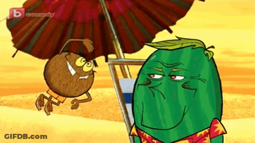 A Cartoon Of A Coconut And A Watermelon With A B Comedy Logo In The Corner GIF