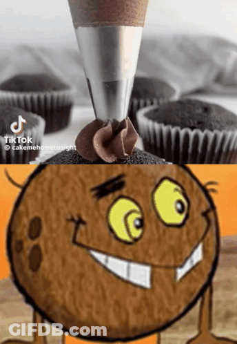 A Cartoon Of A Coconut Next To A Cupcake With Chocolate Frosting GIF