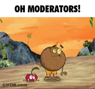 A Cartoon Of A Coconut Standing Next To A Cherry On A Beach With The Words `` Oh Moderators '' . GIF