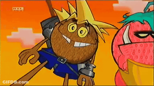 A Cartoon Of A Coconut Wearing A Crown And A Sword GIF