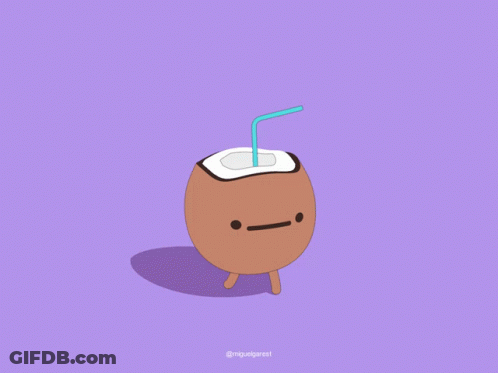 A Cartoon Of A Coconut With A Straw Sticking Out Of It GIF