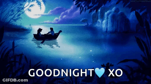A Cartoon Of A Couple In A Boat With The Words Goodnight Xo On The Bottom GIF
