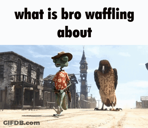 A Cartoon Of A Cowboy And A Bird With The Words What Is Bro Waffling About Below Them GIF