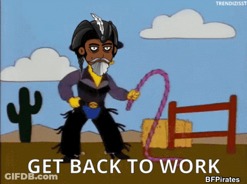 A Cartoon Of A Cowboy Holding A Lasso With The Words " Get Back To Work " Below Him GIF
