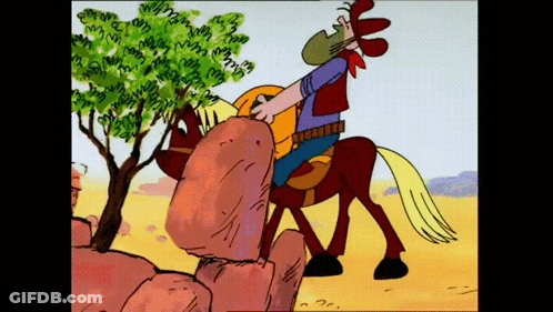 A Cartoon Of A Cowboy Riding A Horse With A Tree In The Background GIF