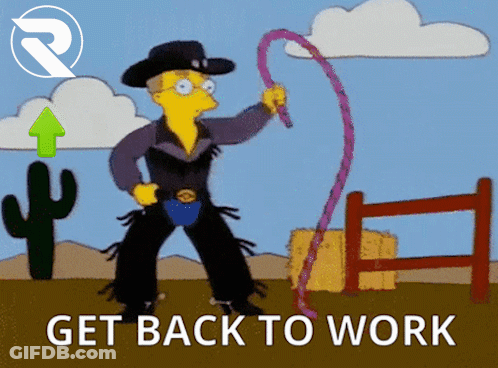 A Cartoon Of A Cowboy With A Lasso And The Words Get Back To Work GIF