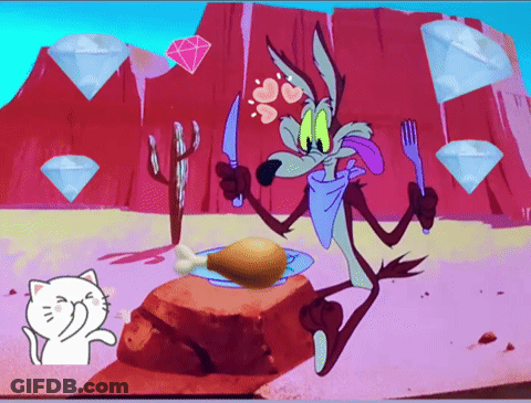 A Cartoon Of A Coyote Holding A Knife And Fork With A Chicken On A Plate GIF