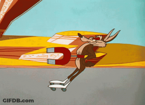 A Cartoon Of A Coyote Riding A Skateboard With A Magnet In The Background GIF