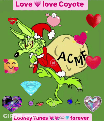 A Cartoon Of A Coyote Wearing A Santa Hat Carrying A Bag That Says Acme GIF