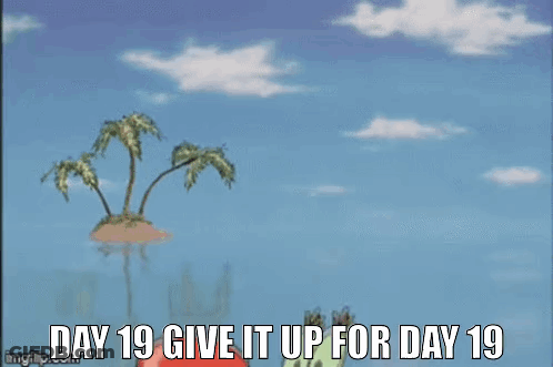 A Cartoon Of A Crab Holding A Bell With The Words `` Day 19 Give It Up For Day 19 '' GIF