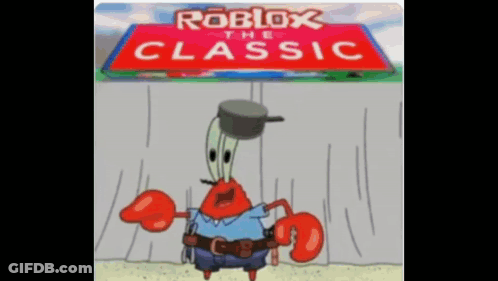 A Cartoon Of A Crab Holding A Pot On His Head In Front Of A Sign That Says Roblox The Classic . GIF