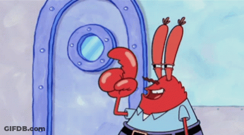 A Cartoon Of A Crab With A Mustache Standing In Front Of A Blue Door GIF