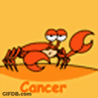 A Cartoon Of A Crab With Big Eyes And The Word Cancer On A Yellow Background GIF