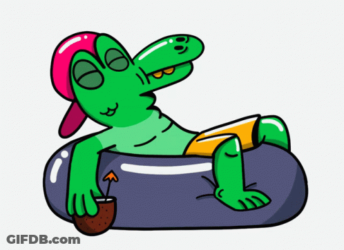 A Cartoon Of A Crocodile Giving A Peace Sign While Sitting On A Raft GIF