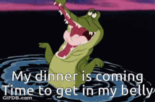 A Cartoon Of A Crocodile With Its Mouth Open And The Words My Dinner Is Coming Time To Get In My Belly GIF