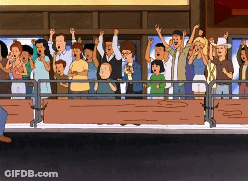 A Cartoon Of A Crowd Of People Standing Behind A Fence GIF