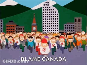 A Cartoon Of A Crowd Of People With The Words Blame Canada GIF