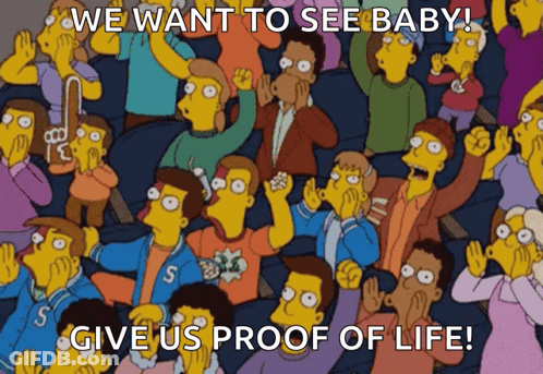 A Cartoon Of A Crowd With The Words We Want To See Baby GIF