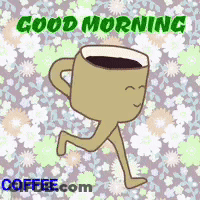 A Cartoon Of A Cup Of Coffee Running With The Words Good Morning Coffee Written Below It GIF