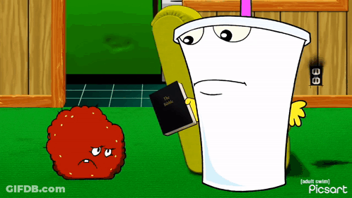 Cartoon Cup Reading Bible Next To Red Object GIF