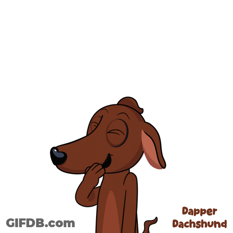 A Cartoon Of A Dachshund With The Name Dapper Dachshund Written Below It GIF