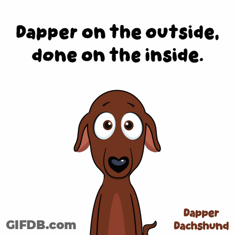 A Cartoon Of A Dachshund With The Words " Dapper On The Outside Done On The Inside " GIF