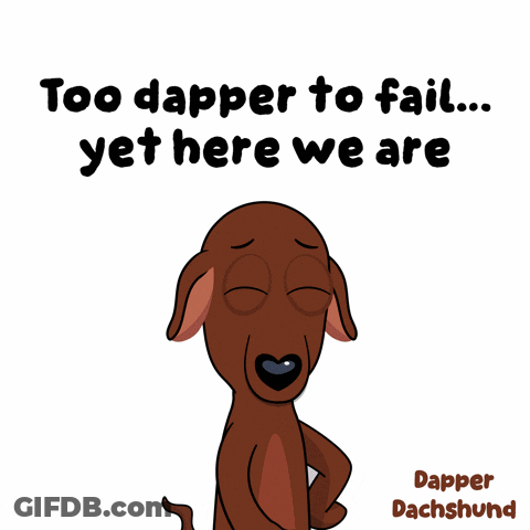 A Cartoon Of A Dachshund With The Words Too Dapper To Fail Yet Here We Are GIF