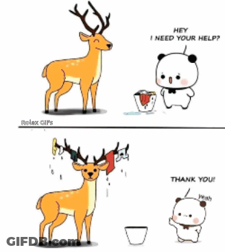 A Cartoon Of A Deer Standing Next To A Panda Bear That Says Hey I Need Your Help GIF