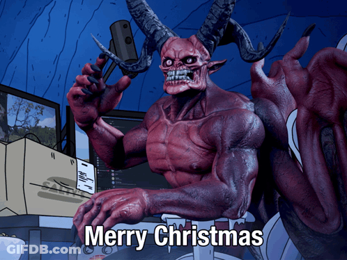 A Cartoon Of A Demon Holding A Pair Of Scissors With The Words Merry Christmas Below Him GIF