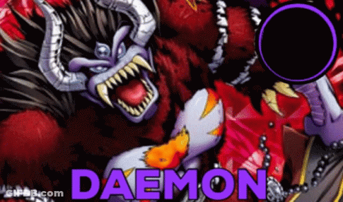 A Cartoon Of A Demon With Horns And A Purple Circle Around It With The Word Daemon On It GIF