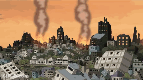 A Cartoon Of A Destroyed City With Smoke Coming Out Of The Sky GIF