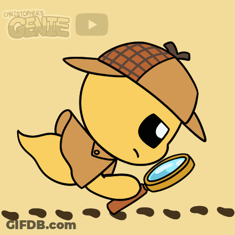 A Cartoon Of A Detective Looking Through A Magnifying Glass With The Words Christopher 'S Genie Behind Him GIF