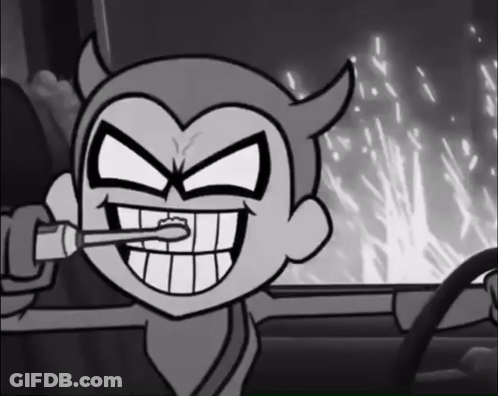 A Cartoon Of A Devil Brushing His Teeth In A Car GIF