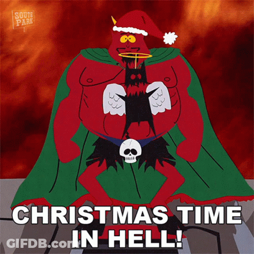 A Cartoon Of A Devil Holding A Bat With The Words Christmas Time In Hell GIF