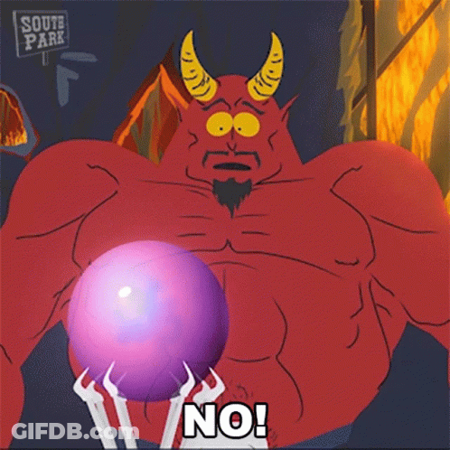 A Cartoon Of A Devil Holding A Purple Ball With The Word No On It GIF