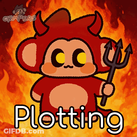 A Cartoon Of A Devil Holding A Trident With The Word Plotting Below Him GIF