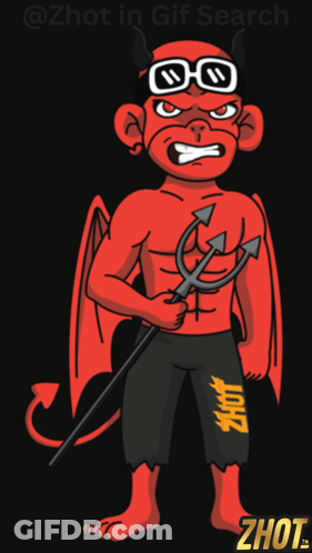A Cartoon Of A Devil Holding A Trident With Zhot Written On The Bottom GIF