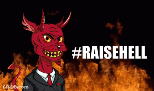 A Cartoon Of A Devil In A Suit And Tie With The Hashtag #Raisehell Above Him GIF